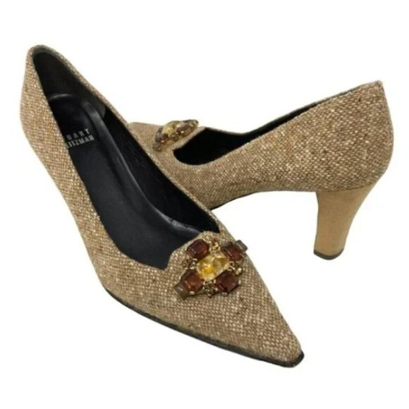 Stuart Weitzman Brown Tweed Low Heel Pointed Toe Rhinestone Pumps - Size 8 - Picture 1 of 5